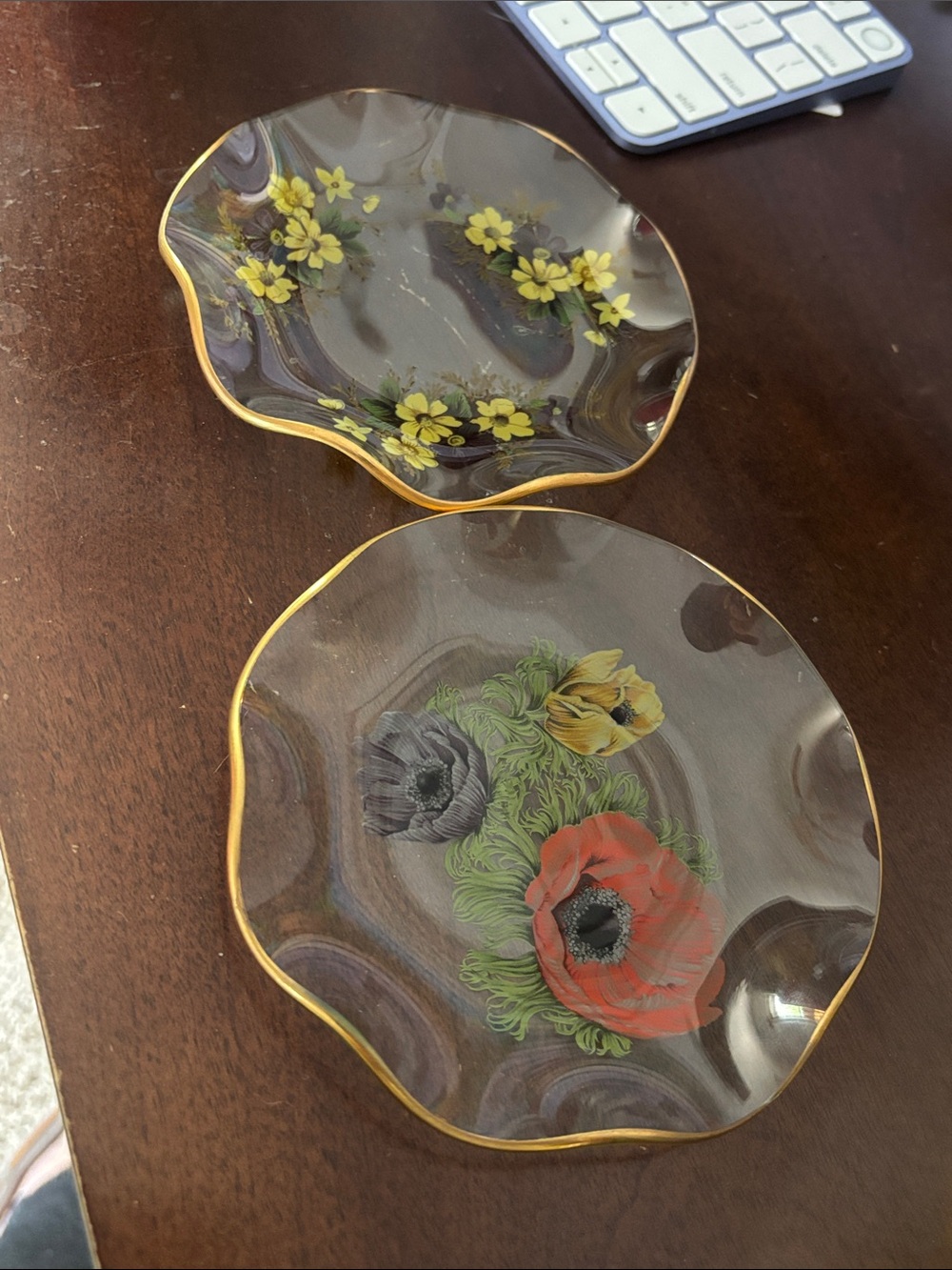 Floral Glass Dessert Plates - Set of 2 in Multicolor with Gold Trim